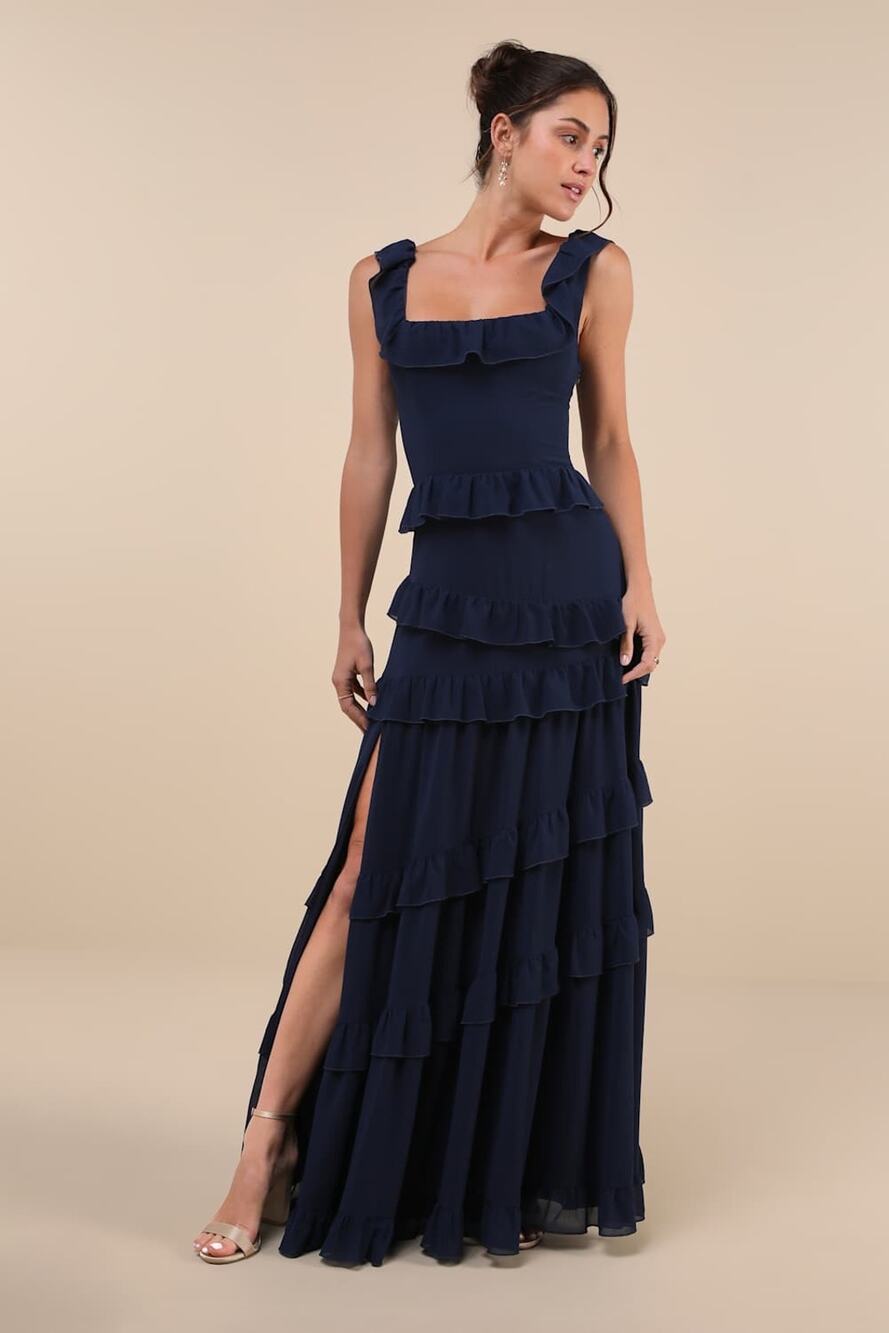 NWT Lulus Compelling Romantic Dark Blue Ruffled Tiered Maxi Dress Bridesmaid M